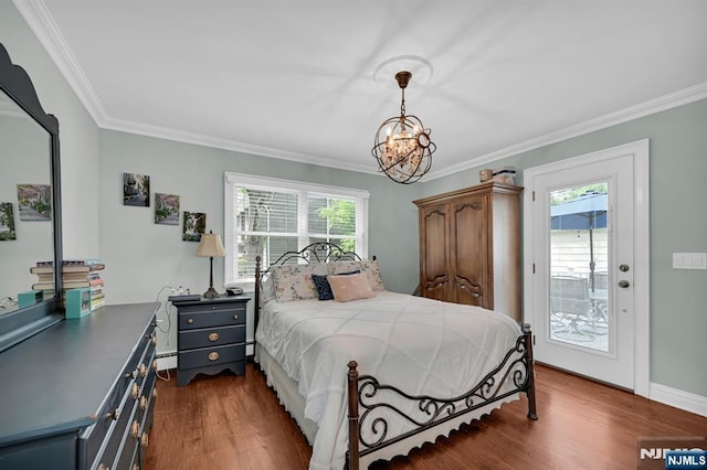 39 N 5th St, Park Ridge, NJ 07656 - bedroom featuring a chandelier, crown molding, multiple windows, access to exterior, and dark wood finished floors