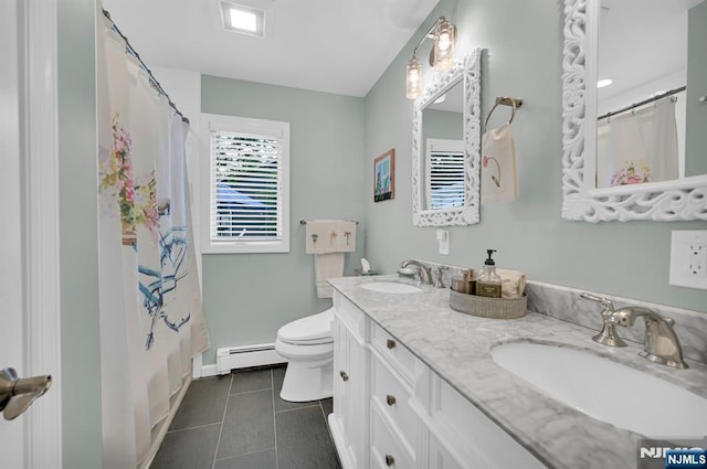 39 N 5th St, Park Ridge, NJ 07656 - bathroom with a baseboard heating unit, double vanity, tile patterned floors, and a shower with curtain