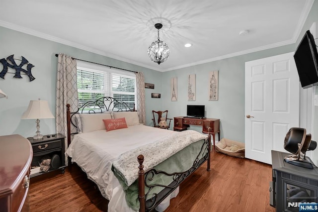 39 N 5th St, Park Ridge, NJ 07656 - bedroom featuring wood finished floors, crown molding, a chandelier, and recessed lighting