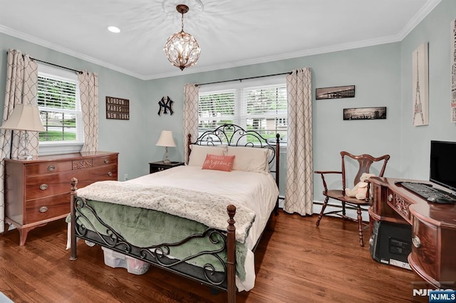 39 N 5th St, Park Ridge, NJ 07656 - bedroom with wood finished floors, crown molding, a chandelier, recessed lighting, and baseboard heating