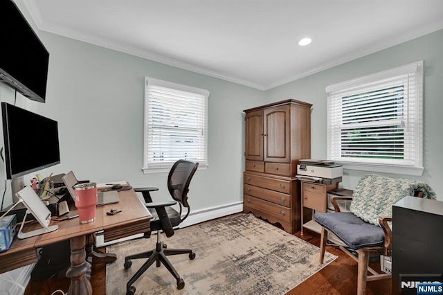 39 N 5th St, Park Ridge, NJ 07656 - office featuring wood finished floors, ornamental molding, recessed lighting, and baseboard heating