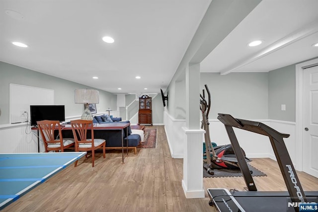 39 N 5th St, Park Ridge, NJ 07656 - exercise area featuring wood finished floors, recessed lighting, and a wainscoted wall