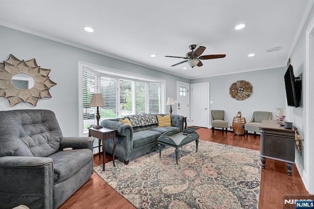 39 N 5th St, Park Ridge, NJ 07656 - living room featuring ornamental molding, ceiling fan, recessed lighting, and wood finished floors