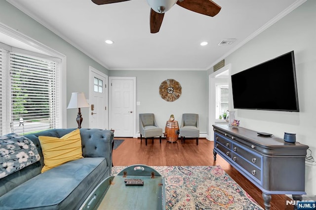 39 N 5th St, Park Ridge, NJ 07656 - living room with healthy amount of natural light, a ceiling fan, wood finished floors, ornamental molding, and recessed lighting