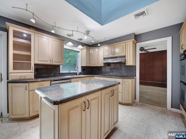 39 Daniels Dr, Clifton, NJ 07013 - kitchen with a sink, under cabinet range hood, light brown cabinets, and ceiling fan