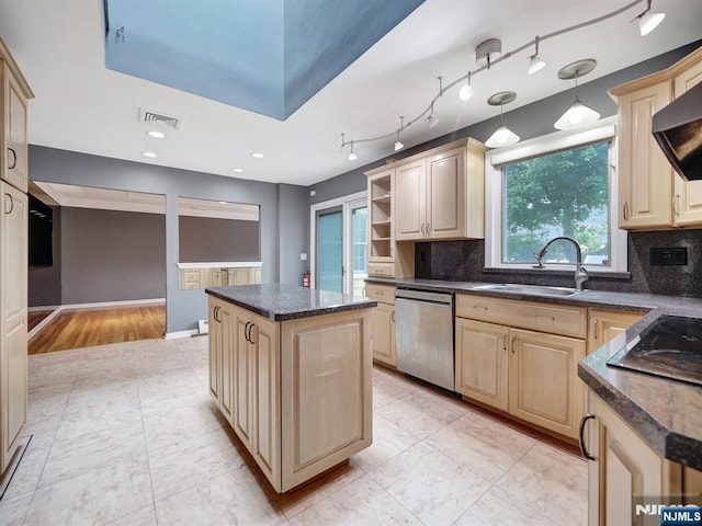 39 Daniels Dr, Clifton, NJ 07013 - kitchen with dishwasher, a sink, light brown cabinetry, tasteful backsplash, and recessed lighting