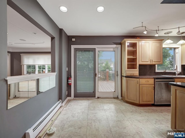 39 Daniels Dr, Clifton, NJ 07013 - kitchen with stainless steel dishwasher, a baseboard radiator, decorative backsplash, light brown cabinetry, and baseboards