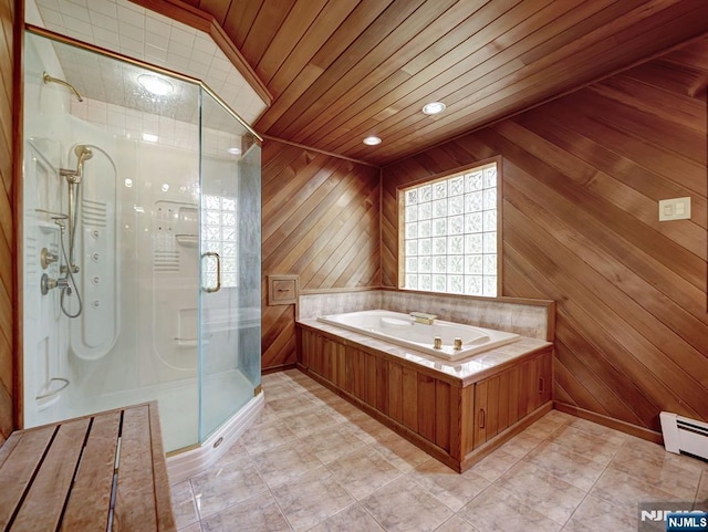 39 Daniels Dr, Clifton, NJ 07013 - bathroom featuring wood ceiling, a shower stall, a bath, baseboard heating, and wood walls
