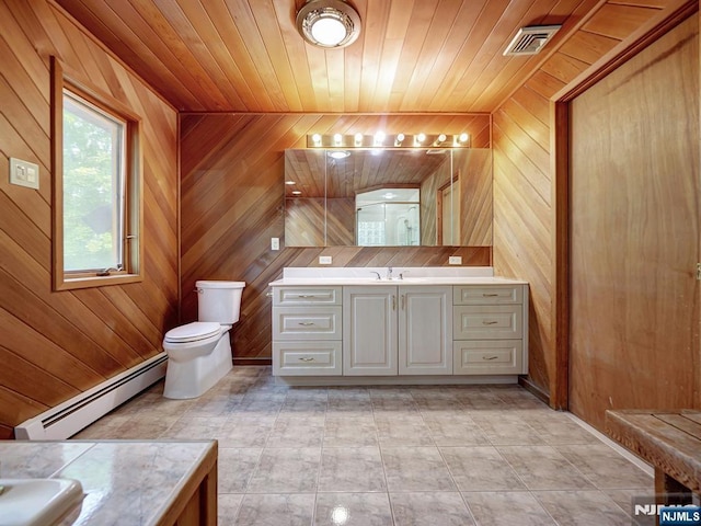 39 Daniels Dr, Clifton, NJ 07013 - bathroom featuring a baseboard heating unit, vanity, wood walls, toilet, and wood ceiling
