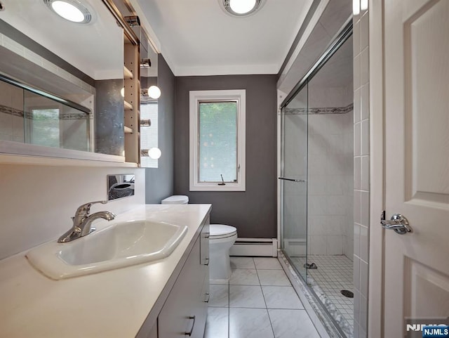 39 Daniels Dr, Clifton, NJ 07013 - full bathroom with a baseboard heating unit, a shower stall, toilet, and vanity