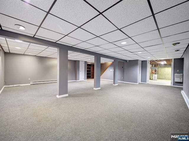 39 Daniels Dr, Clifton, NJ 07013 - finished basement featuring a baseboard heating unit, carpet floors, a paneled ceiling, baseboards, and recessed lighting