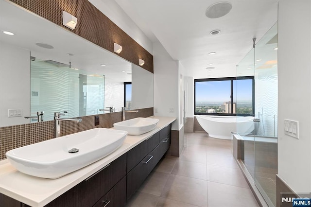 200 Old Palisade Unit Ph4/5, Fort Lee, NJ 07024 - full bath featuring a shower stall, double vanity, a soaking tub, tile patterned floors, and recessed lighting