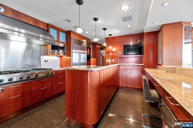 200 Old Palisade Unit Ph4/5, Fort Lee, NJ 07024 - kitchen with built in appliances, recessed lighting, granite floors, a peninsula, and glass insert cabinets