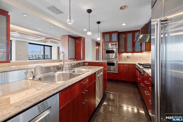 200 Old Palisade Unit Ph4/5, Fort Lee, NJ 07024 - kitchen with stainless steel appliances, granite floors, recessed lighting, hanging light fixtures, and ventilation hood