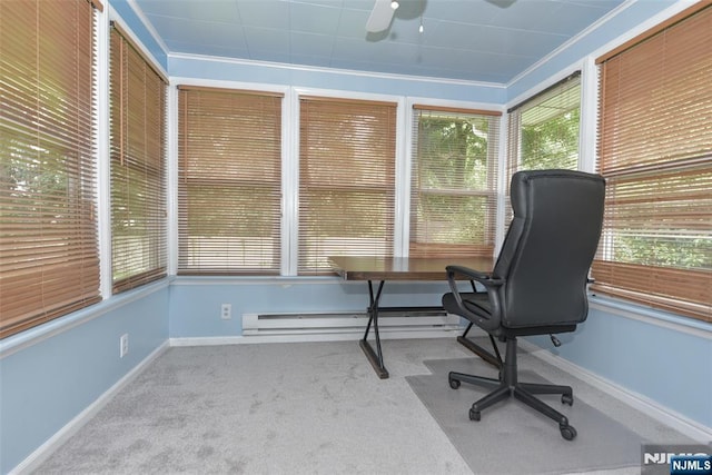 62 Overlook Ave, North Haledon, NJ 07508 - unfurnished office featuring carpet floors, a baseboard heating unit, a ceiling fan, and ornamental molding
