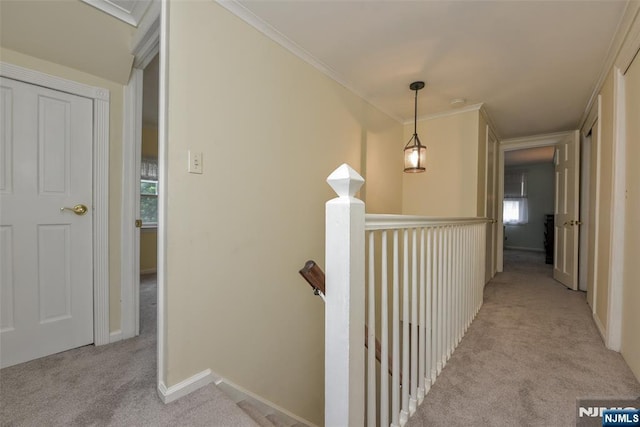 62 Overlook Ave, North Haledon, NJ 07508 - hall featuring an upstairs landing, light carpet, and ornamental molding