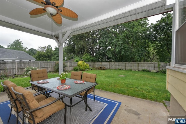 62 Overlook Ave, North Haledon, NJ 07508 - fenced backyard with outdoor dining space, a patio, and ceiling fan