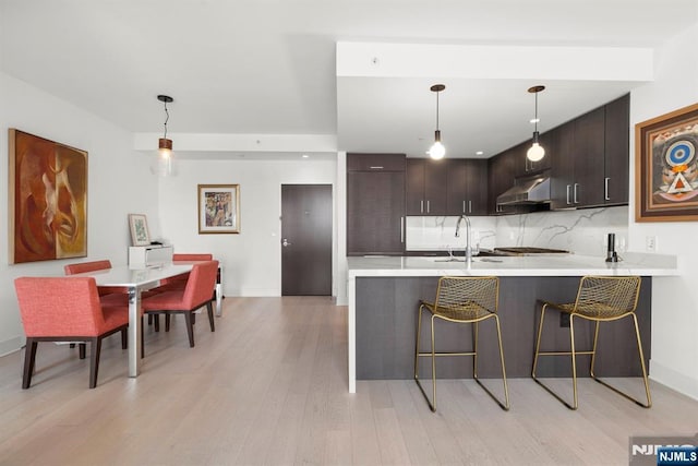 1400 Hudson St Unit 730, Hoboken, NJ 07030 - kitchen with under cabinet range hood, light countertops, backsplash, dark brown cabinets, and light wood-type flooring