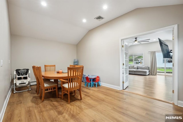 4 Lenape Trl, Wayne, NJ 07470 - dining area with lofted ceiling, light wood-style flooring, baseboards, ceiling fan, and recessed lighting
