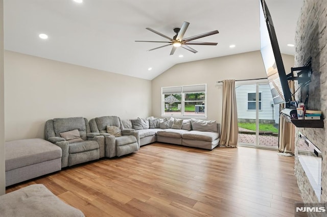 4 Lenape Trl, Wayne, NJ 07470 - living area with a ceiling fan, lofted ceiling, light wood-style flooring, and recessed lighting