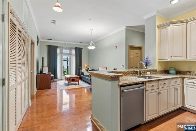 7400 River Rd Unit 120, North Bergen, NJ 07047 - kitchen with dishwasher, light wood-style flooring, crown molding, pendant lighting, and light stone counters