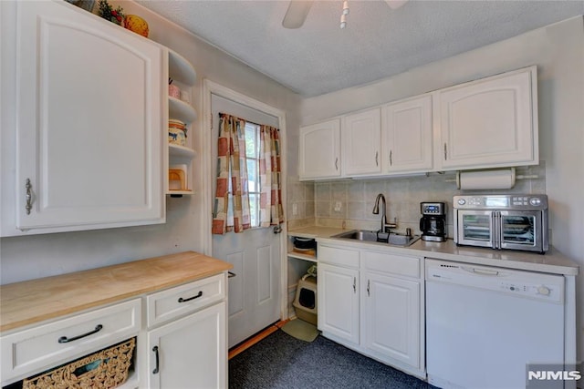 21 Bartholdi Ave, Wanaque, NJ 07420 - kitchen featuring white dishwasher, open shelves, white cabinetry, and a textured ceiling