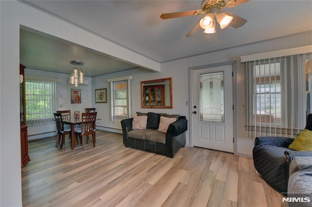 21 Bartholdi Ave, Wanaque, NJ 07420 - living room featuring baseboard heating, light wood-type flooring, a baseboard radiator, a chandelier, and ceiling fan