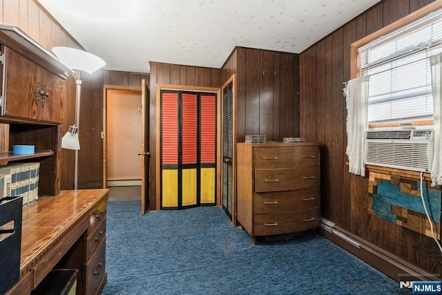 149 Springfield Ave, Rutherford, NJ 07070 - bedroom featuring baseboard heating, wooden walls, dark carpet, and a closet