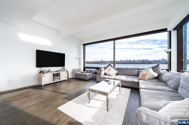 9 Somerset Ln Unit 201, Edgewater, NJ 07020 - living area with wood finished floors, beamed ceiling, and a water view