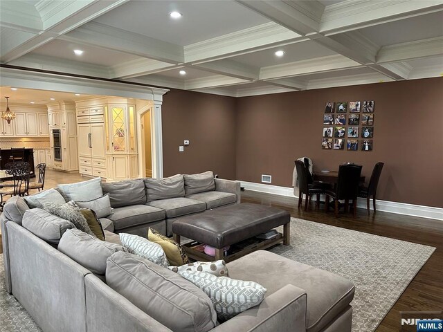 591 Warwick Ave, Teaneck, NJ 07666 - living room featuring beamed ceiling, coffered ceiling, ornamental molding, recessed lighting, and light wood-type flooring