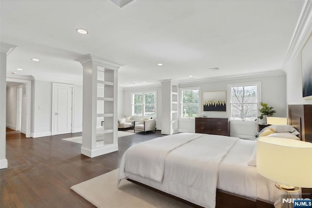 333 Mill Rd, Saddle River, NJ 07458 - bedroom featuring ornamental molding, recessed lighting, wood finished floors, and decorative columns
