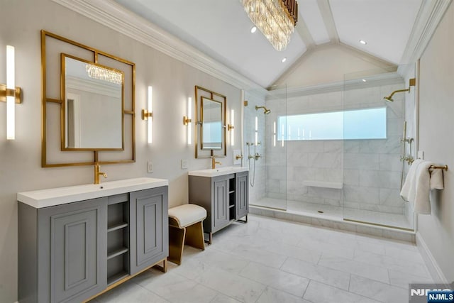 333 Mill Rd, Saddle River, NJ 07458 - bathroom with a stall shower, marble look tile flooring, lofted ceiling, and two vanities