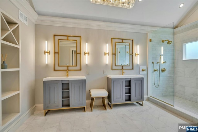 333 Mill Rd, Saddle River, NJ 07458 - full bath with marble look tiles, walk in shower, two vanities, recessed lighting, and crown molding