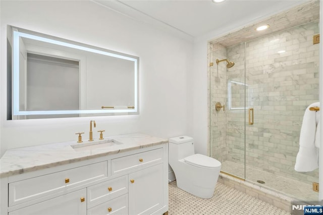 333 Mill Rd, Saddle River, NJ 07458 - full bathroom featuring vanity, a shower stall, and recessed lighting