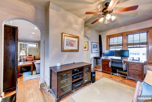 123 Buena Vista Ave, Hawthorne, NJ 07506 - office area with arched walkways, ceiling fan, light wood-type flooring, and recessed lighting