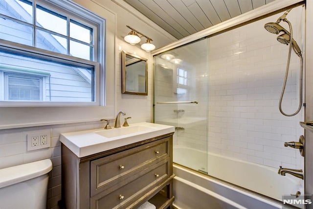 123 Buena Vista Ave, Hawthorne, NJ 07506 - bathroom featuring vanity, bath / shower combo with glass door, crown molding, and wooden ceiling