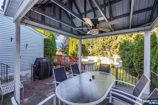 405 Abbott Ave, Ridgefield, NJ 07657 - view of patio / terrace featuring a ceiling fan, a grill, and outdoor dining area