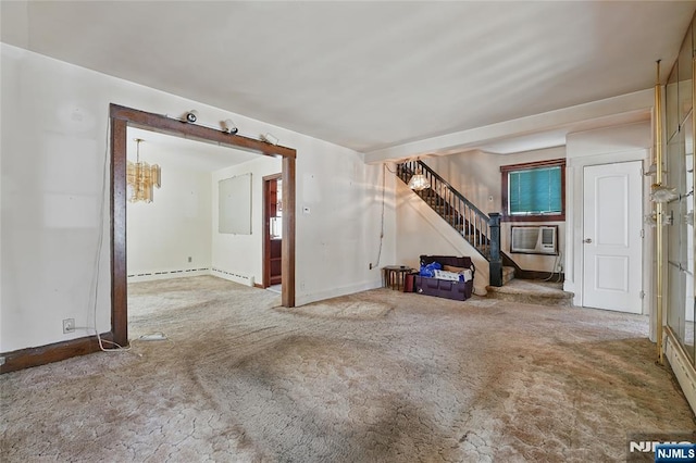 405 Abbott Ave, Ridgefield, NJ 07657 - unfurnished living room with stairs, carpet flooring, baseboard heating, cooling unit, and a chandelier