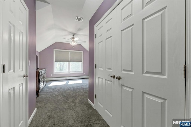 178 Arthur St, Hillsdale, NJ 07642 - hallway with baseboard heating, carpet, and vaulted ceiling