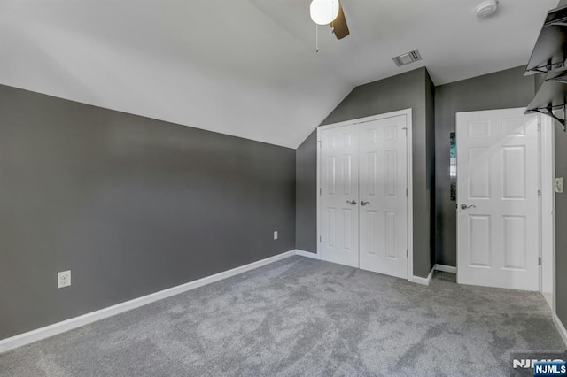 178 Arthur St, Hillsdale, NJ 07642 - unfurnished bedroom featuring vaulted ceiling, carpet flooring, a closet, and a ceiling fan