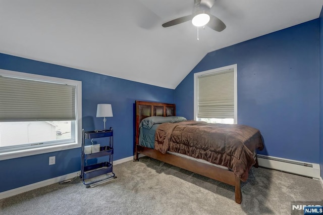 178 Arthur St, Hillsdale, NJ 07642 - bedroom with a baseboard heating unit, carpet flooring, lofted ceiling, and ceiling fan