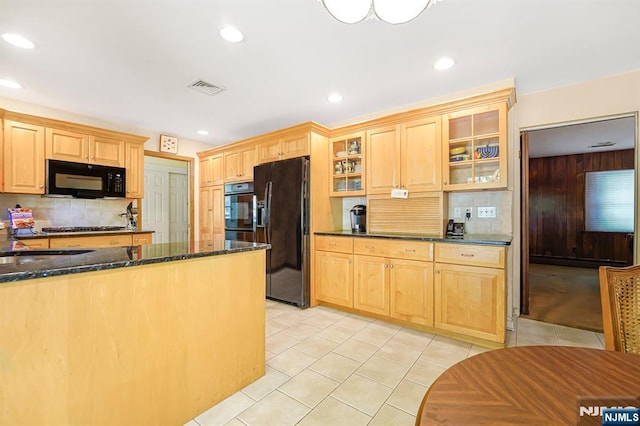 24 Eton Ct, Wayne, NJ 07470 - kitchen with black appliances, tasteful backsplash, light tile patterned floors, glass insert cabinets, and recessed lighting