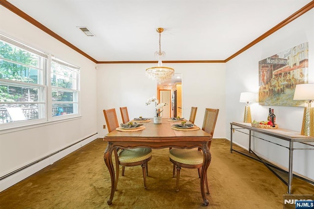 24 Eton Ct, Wayne, NJ 07470 - carpeted dining area with baseboard heating, a chandelier, and ornamental molding