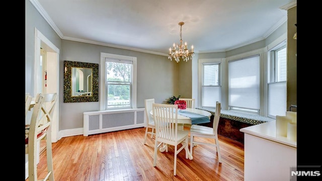 118 High St, Nutley, NJ 07110 - dining room featuring radiator, crown molding, a chandelier, and light wood finished floors