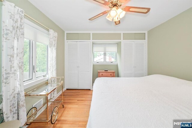 16 Murray Rd, Montvale, NJ 07645 - bedroom featuring two closets, light wood-style floors, multiple windows, and a ceiling fan