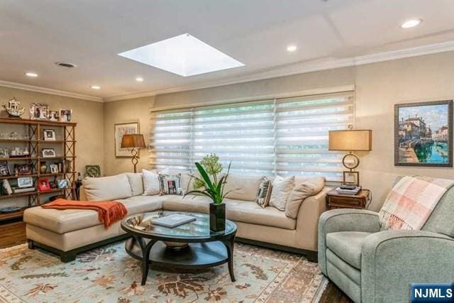 74 O Shaughnessy Ln, Closter, NJ 07624 - living area featuring a skylight, crown molding, recessed lighting, and wood finished floors
