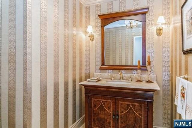 74 O Shaughnessy Ln, Closter, NJ 07624 - bathroom featuring vanity and wallpapered walls
