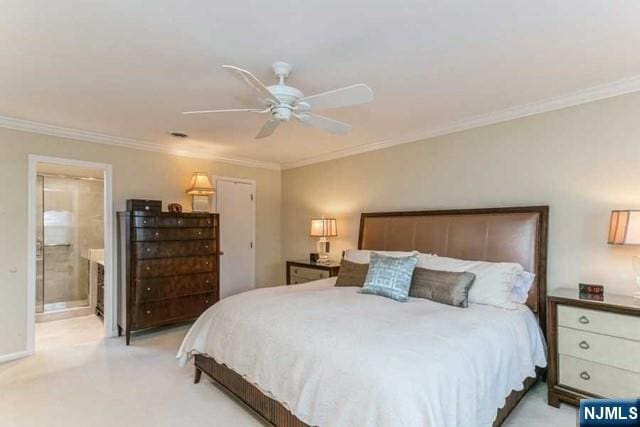74 O Shaughnessy Ln, Closter, NJ 07624 - bedroom featuring crown molding, light carpet, ceiling fan, and ensuite bath