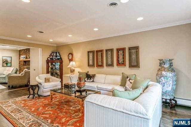 74 O Shaughnessy Ln, Closter, NJ 07624 - living area featuring wood finished floors, recessed lighting, and ornamental molding