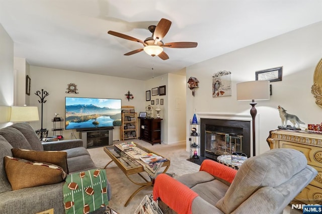 1907 Faulkner Ct, Mahwah, NJ 07430 - living room featuring a fireplace with flush hearth, ceiling fan, and light carpet